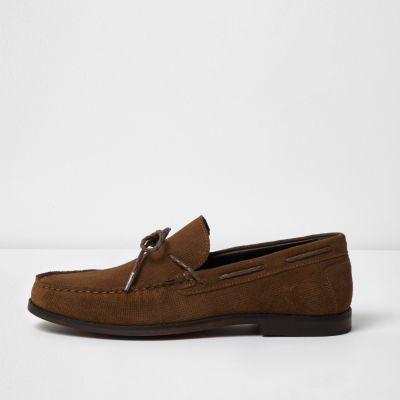 Tan embossed suede loafers